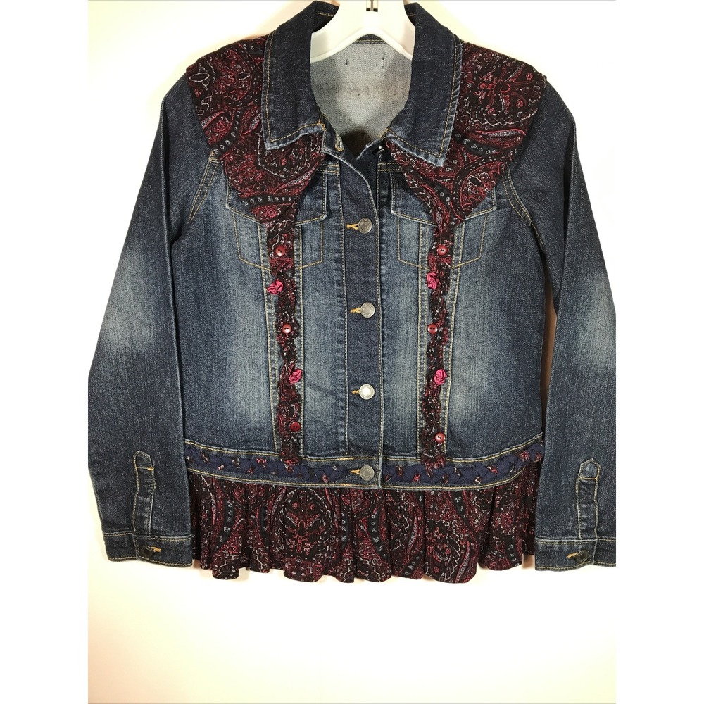 Women's Medium Up cycled braided Jean Jacket ruffled paisley print